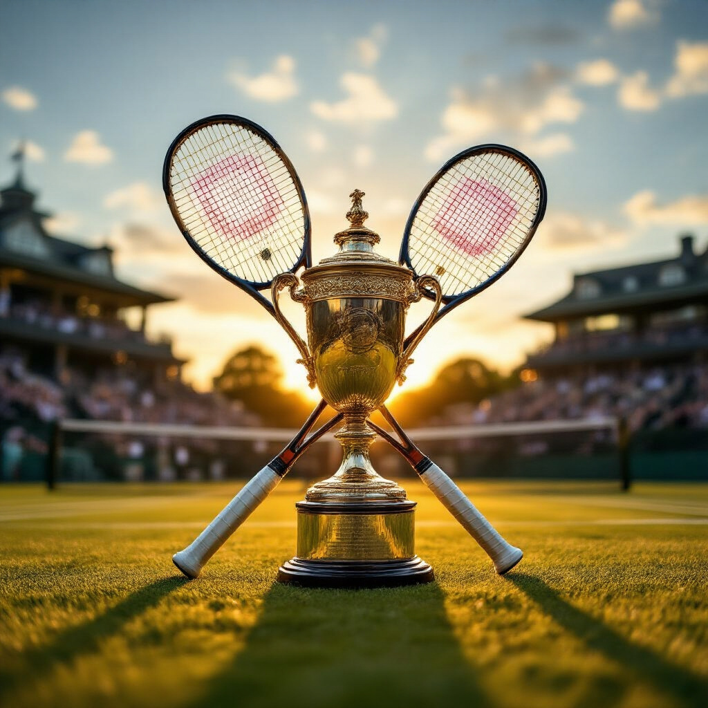 Create a realistic image of a championship trophy with tennis rackets crossed behind it, sitting on Wimbledon's iconic grass court with Centre Court stadium blurred in the background, bathed in golden evening sunlight creating a triumphant atmosphere to symbolize the prestigious legacy of Wimbledon champions.